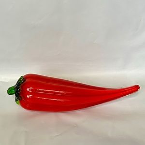 Murano Style Hand Blown Glass Red Chili Pepper w/ Green Stem 6.5" Long